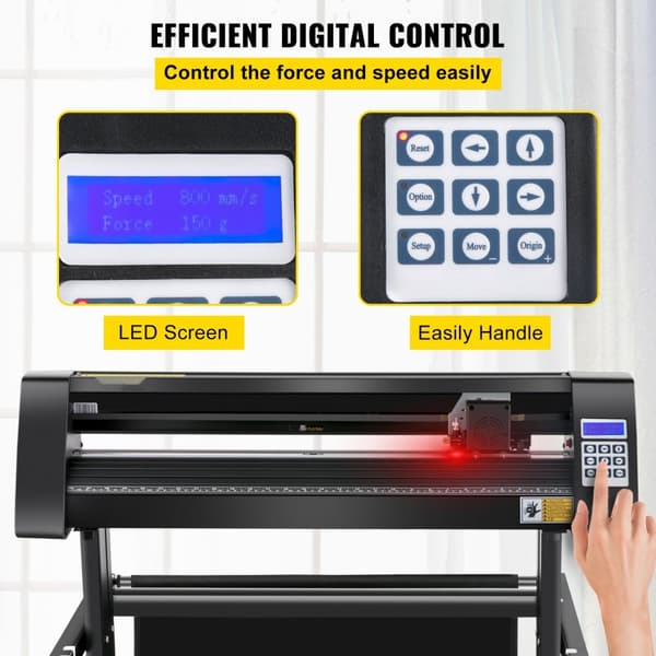 Vinylskærer 720 mm med LED-skærm, halvautomatisk optisk øje, kompatibel med SignMaster-software til Windows og stativ.