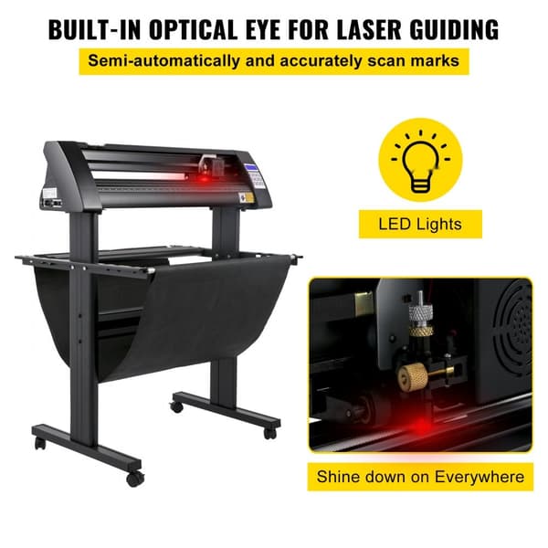 Vinylskærer 720 mm med LED-skærm, halvautomatisk optisk øje, kompatibel med SignMaster-software til Windows og stativ.