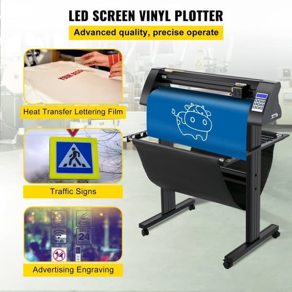 Vinylskærer 720 mm med LED-skærm, halvautomatisk optisk øje, kompatibel med SignMaster-software til Windows og stativ.