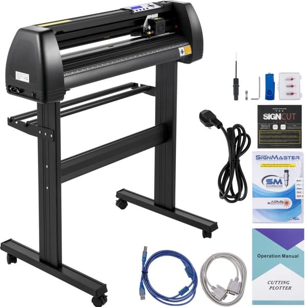 Vinylskärare, 28" vinylplotter, LCD-display, justerbara pinchrollers, skärprogramvara: SignCut & SignMaster för design.