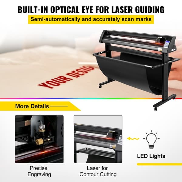 Vinylskærer 1350 mm med LED-skærm, halvautomatisk med optisk øje, kompatibel med SignCut-software til Mac/Windows og stativ.