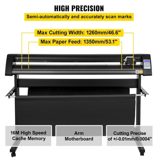 Vinylskærer 1350 mm med LED-skærm, halvautomatisk med optisk øje, kompatibel med SignCut-software til Mac/Windows og stativ.