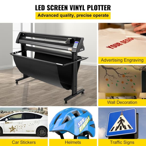 Vinylskærer 1350 mm med LED-skærm, halvautomatisk med optisk øje, kompatibel med SignCut-software til Mac/Windows og stativ.