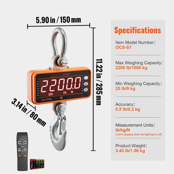 Digitaalinen nosturivaaka 2200 lbs/1000 kg, teolliseen käyttöön, kaukosäätimellä, alumiinikotelo, LED-näyttö.
