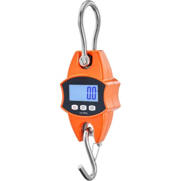 Digital kranvægte, 400 kg/880 lbs, robust hænvægt med aluminiumsramme & LCD-display. Ideel til gård, jagt, fiskeri og garage (orange).