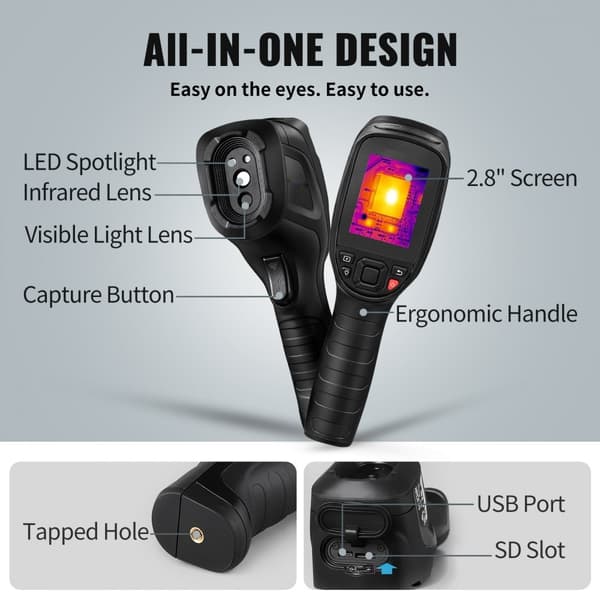 Infrarød termisk kamera med 2MP IR-opløsning og synligt lys, 240x180. Perfekt til overvågning og inspektion.