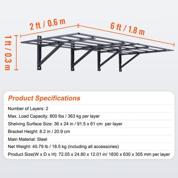 Garagehylder til opbevaring, 2-pak, vægmonterede, 6x2 fod. Stærke, 1600 lbs kapacitet. Ideelle til butik, skur eller garage.