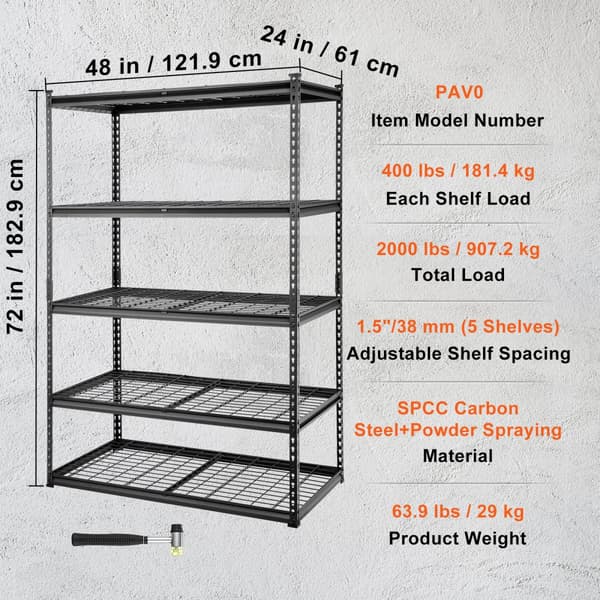 Opbevaringsreol, 5-trins justerbar, 900 kg kapacitet. Solid metalhylde til garage, køkken og badeværelse. Mål: 122x61x183 cm.
