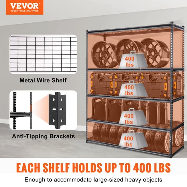 Opbevaringsreol 5-trins, justerbar, 2000 lbs kapacitet, robust metalorganizer til garage og køkken. Mål: 60"L x 24"B x 78"H.