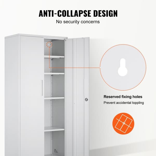 Metallinen lukittava säilytyskaappi 2 magneettiovella ja 4 säädettävällä hyllyllä, 71" valkoinen, kestävä ja tilava.