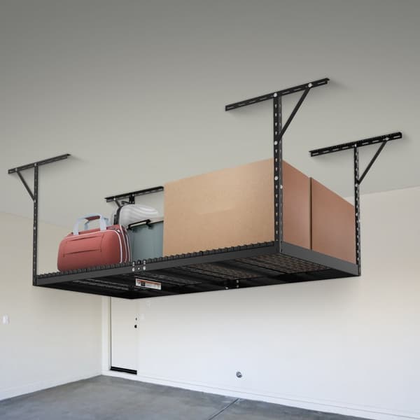 Overliggende garageopbevaringsreoler, 48x96 tommer, robuste justerbare stålhylder, 600 lbs kapacitet, sort. Ideelt til effektiv opbevaring!