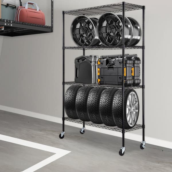 Förvaringshylla med hjul, 4-lager, justerbar, 700 lbs kapacitet, metallorganizer för garage, svart, 47,2" L x 17,7" B x 74" H.