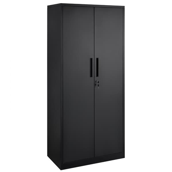 Metalopbevaringsskab med stållås, 2 magnetiske låger og 4 justerbare hylder. 71'' højt, 200 lbs kapacitet pr. hylde, inkl. 3 nøgler. Ideelt til kontor