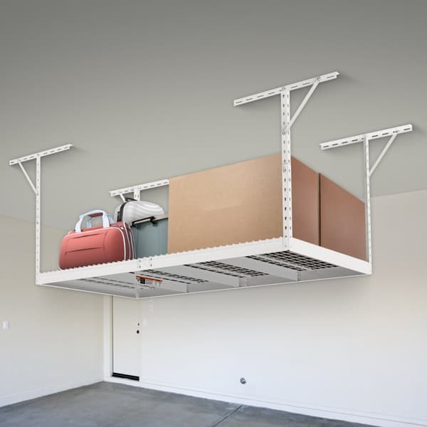 Overliggende garagehylder, 48x96 tommer, justerbare stålreoler til garageopbevaring, kapacitet 600 lbs, hvid finish.