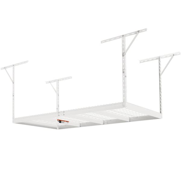 Overliggende garagehylder, 48x96 tommer, justerbare stålreoler til garageopbevaring, kapacitet 600 lbs, hvid finish.