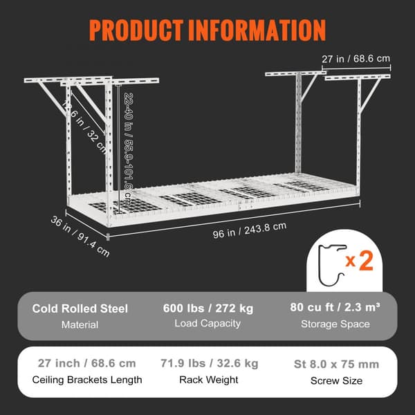 Ylätason autotallin hyllyt, 36x96", säädettävät terästelineet, 600 lbs, valkoinen, tehokas varastointi.