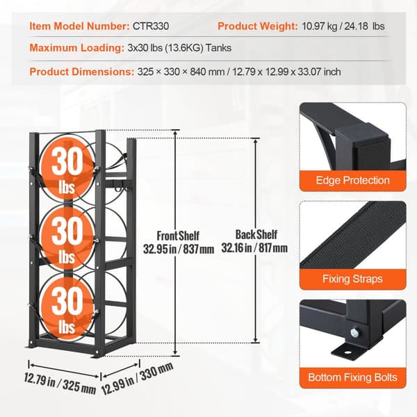 Kølemiddeltankstativ til 3 x 30lbs flasketanke, størrelse 12,79x12,99x33,07 tommer. Holder til Freon og gasflasker.