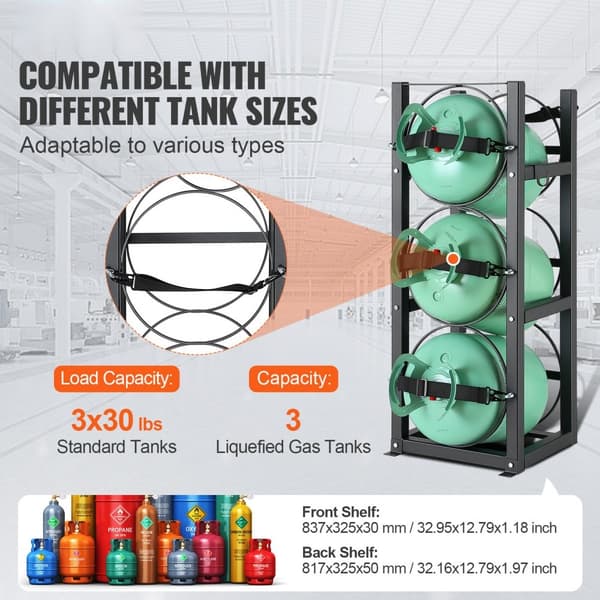 Kølemiddeltankstativ til 3 x 30lbs flasketanke, størrelse 12,79x12,99x33,07 tommer. Holder til Freon og gasflasker.