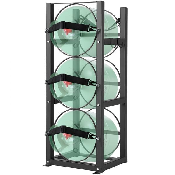 Kølemiddeltankstativ til 3 x 30lbs flasketanke, størrelse 12,79x12,99x33,07 tommer. Holder til Freon og gasflasker.