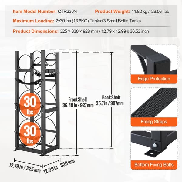 Kølemiddeltankstativ til 2 x 30 lbs og 3 små flasker, mål: 12,79x12,99x47,12 tommer. Håndter Freon, gasser, ilt og nitrogen effektivt.