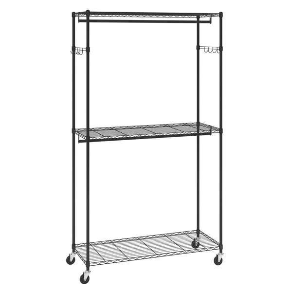 Robust tøjstativ på hjul med 3 hylder, 2 stænger og akkumulerende kroge. Justerbar højde, bærer op til 180 kg. Ideelt til opbevaring!