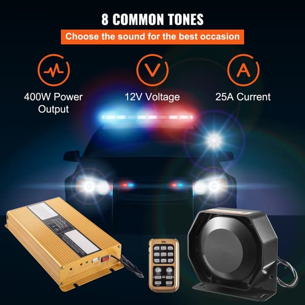 Poliisisireeni PA-järjestelmä, 400 W, voimakas äänivaroitus ja palohälytys, 2 torvi PA-kaiutin.