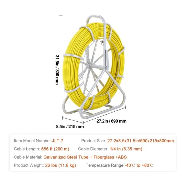 Fiskband Glasfiber, 200 m, 6 mm, Duct Rodder tråddragare, kabelspö med stålrullstativ, 3 draghuvuden, icke-ledande.