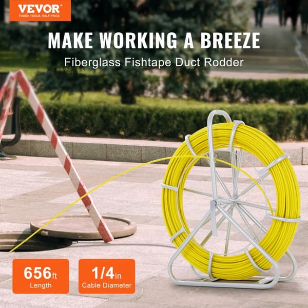 Fiskband Glasfiber, 200 m, 6 mm, Duct Rodder tråddragare, kabelspö med stålrullstativ, 3 draghuvuden, icke-ledande.