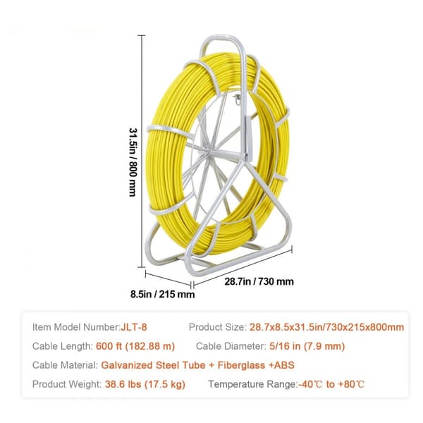 Fiskebånd Glasfiber, 183 m, 5/16", Duct Rodder, kabelføringsværktøj med stålrullestativ, 3 trækhoveder, ikkeførende til vægge og rør.