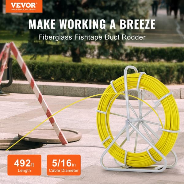 Fisketape Glasfiber, 150 m, 5/16", kabeltræk værktøj til vægge og rør, inkluderer stålholder og 3 trækhoveder. Ikke-ledende.