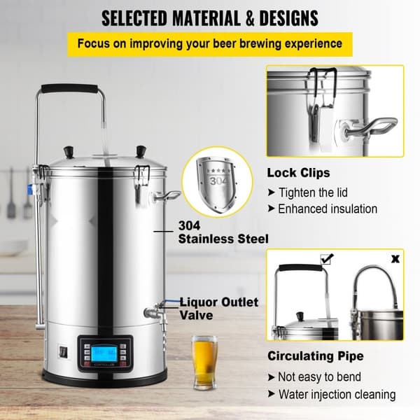 Elektrisk ølbrygger, 30 L, alt-i-en med automatisk/manuel kontrol, maskkogning 100-2500W, 25-100 ℃, timer, cirkulationspumpe og opskriftshukommelse.