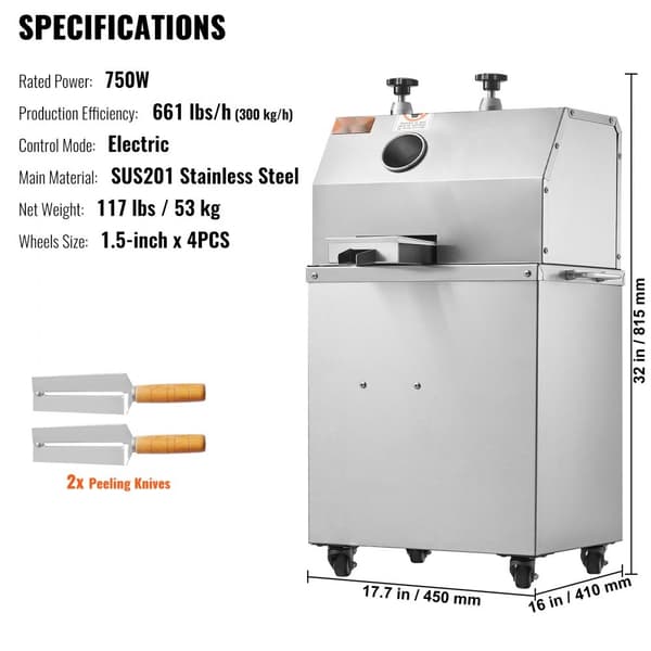 750W elektrisk sockerrörsjuicer 661LBS/H, 3 rullar, stort 2,4" inlopp. Perfekt för effektiv juicetillverkning!