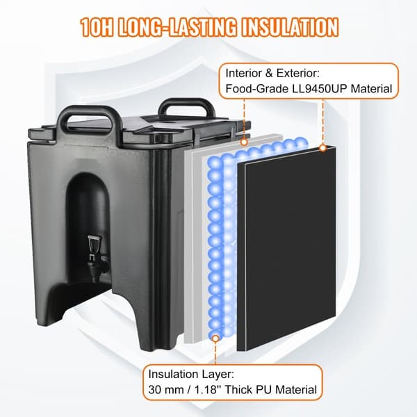 Isoleret drikkevaredispenser, 10 gallon, fødevaregodkendt LL9450UP til kolde og varme drikke. Termisk køler med to-trins hanehåndtag.