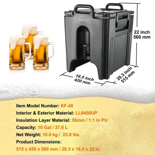 Isoleret drikkevaredispenser, 10 gallon, fødevaregodkendt LL9450UP til kolde og varme drikke. Termisk køler med to-trins hanehåndtag.
