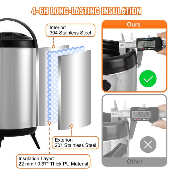 Rostfritt stål isolerad dryckesautomat, 2 gallon (7,6 liter), för varm och kall dryck, livsmedelsklassad för te, kaffe, vatten.