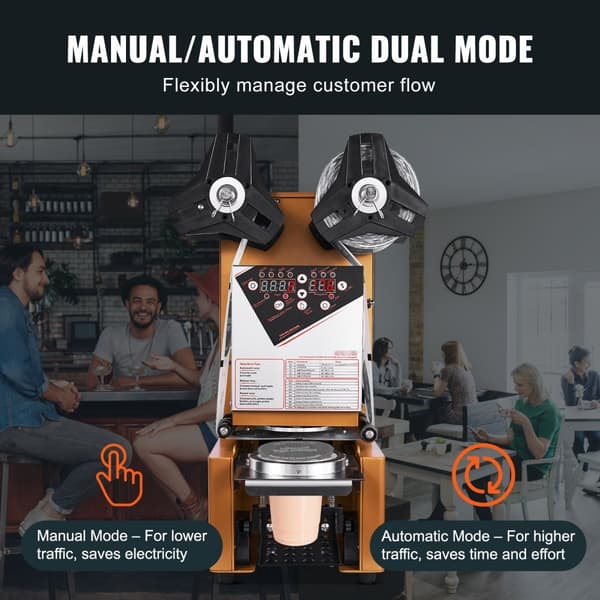 Fuldautomatisk kopforseglingsmaskine, 500-650 kopper/t, til 190 mm høje kopper. Elektrisk Boba teforsegler med digitalt LCD-display.