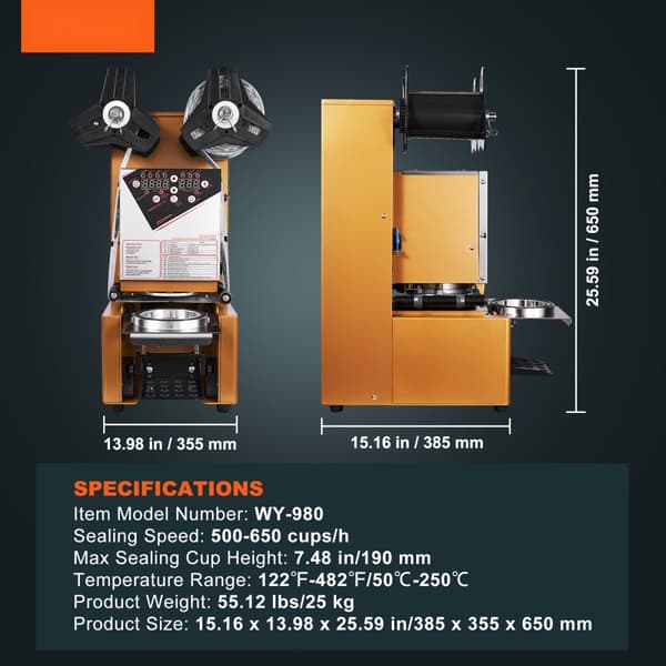 Fuldautomatisk kopforseglingsmaskine, 500-650 kopper/t, til 190 mm høje kopper. Elektrisk Boba teforsegler med digitalt LCD-display.