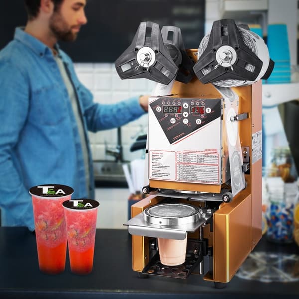 Fuldautomatisk kopforseglingsmaskine, 500-650 kopper/t, til 190 mm høje kopper. Elektrisk Boba teforsegler med digitalt LCD-display.
