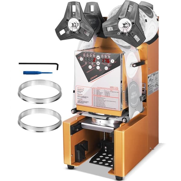Fuldautomatisk kopforseglingsmaskine, 500-650 kopper/t, til 190 mm høje kopper. Elektrisk Boba teforsegler med digitalt LCD-display.