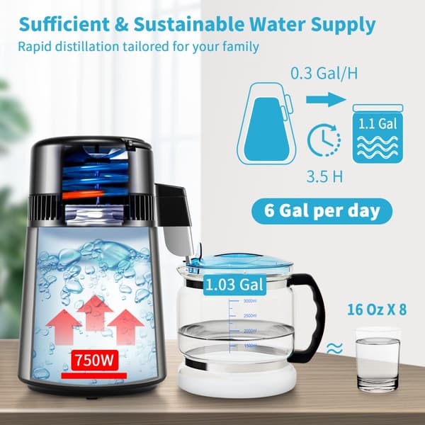 Vattenrenare 1 L/H, 4L destillator, 0-99H timer, 750W bänkmodell, dual temp-display, FDA-godkänd, silver.
