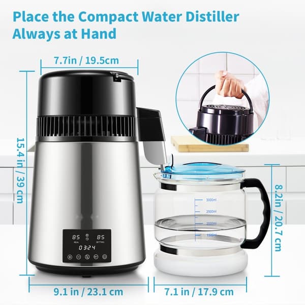 Vattenrenare 1 L/H, 4L destillator, 0-99H timer, 750W bänkmodell, dual temp-display, FDA-godkänd, silver.