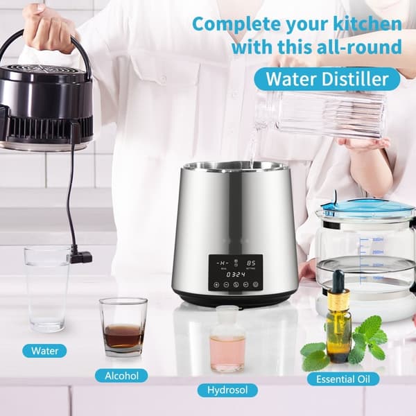 Vattenrenare 1 L/H, 4L destillator, 0-99H timer, 750W bänkmodell, dual temp-display, FDA-godkänd, silver.