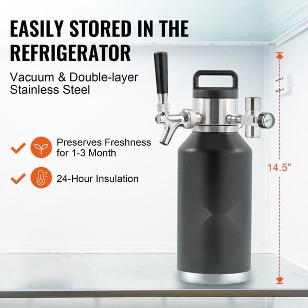 Olut Growler -hanajärjestelmä, 64 Oz (1,89 l) ruostumatonta terästä, paineolutmurskain ja CO2-säädin.