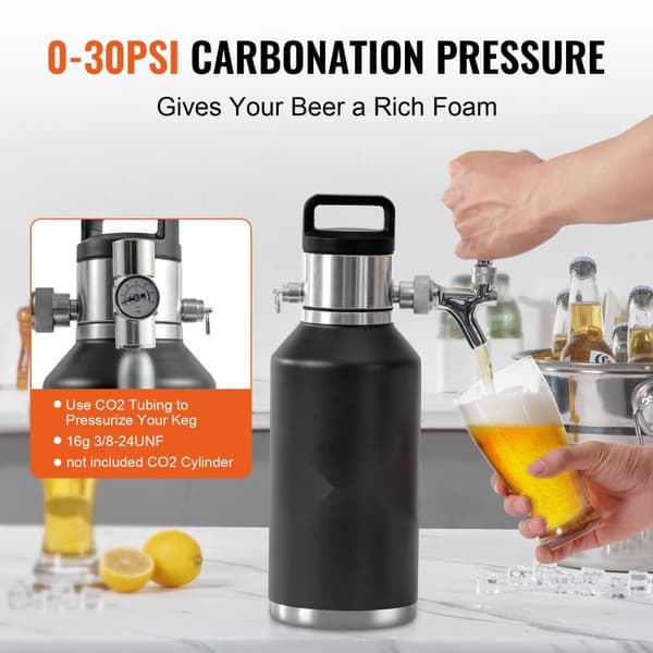 Olut Growler -hanajärjestelmä, 64 Oz (1,89 l) ruostumatonta terästä, paineolutmurskain ja CO2-säädin.