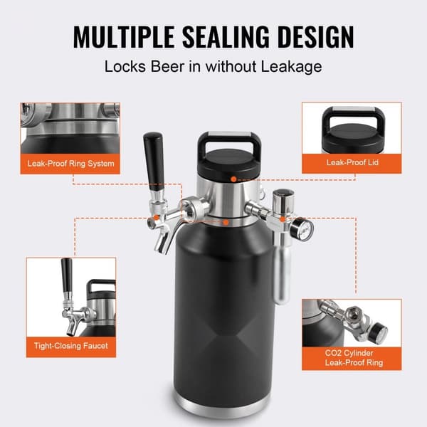 Olut Growler -hanajärjestelmä, 64 Oz (1,89 l) ruostumatonta terästä, paineolutmurskain ja CO2-säädin.