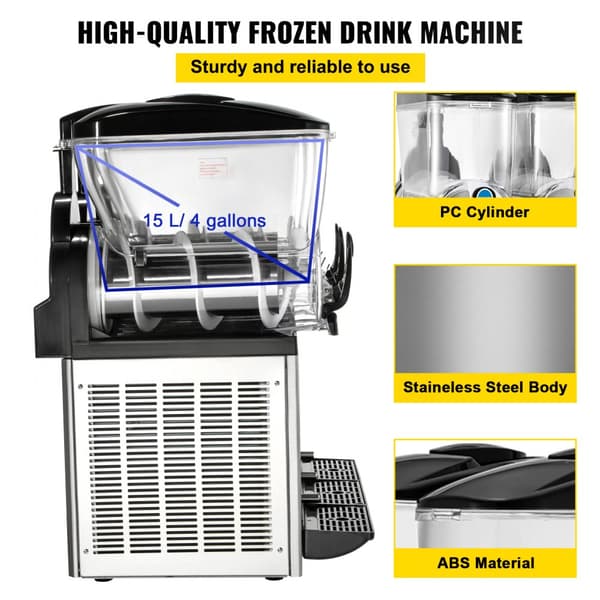 Kaupallinen slushikone, 3 x 15 L, 800 W, älykäs LED-ohjaus, 63 x 45 x 80 cm, kaksitila slushivalmistaja.