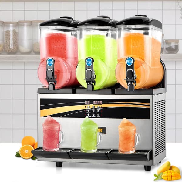 Kaupallinen slushikone, 3 x 15 L, 800 W, älykäs LED-ohjaus, 63 x 45 x 80 cm, kaksitila slushivalmistaja.