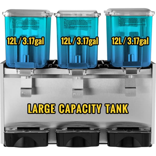 Kommerciel rustfri stål dispenser til kolde drikke med 3 tanke og termostat. Ideel til frugtjuice og iste – 9,6 gallon kapacitet.