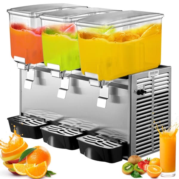 Kommerciel rustfri stål dispenser til kolde drikke med 3 tanke og termostat. Ideel til frugtjuice og iste – 9,6 gallon kapacitet.