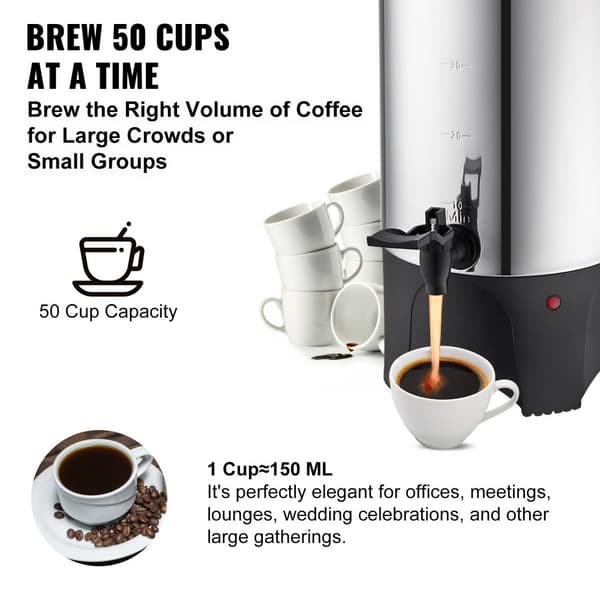 Kommerciel kaffeurne til 50 kopper – rustfrit stål, hurtig brygning og effektiv kaffedispenser. Ideel til arrangementer!